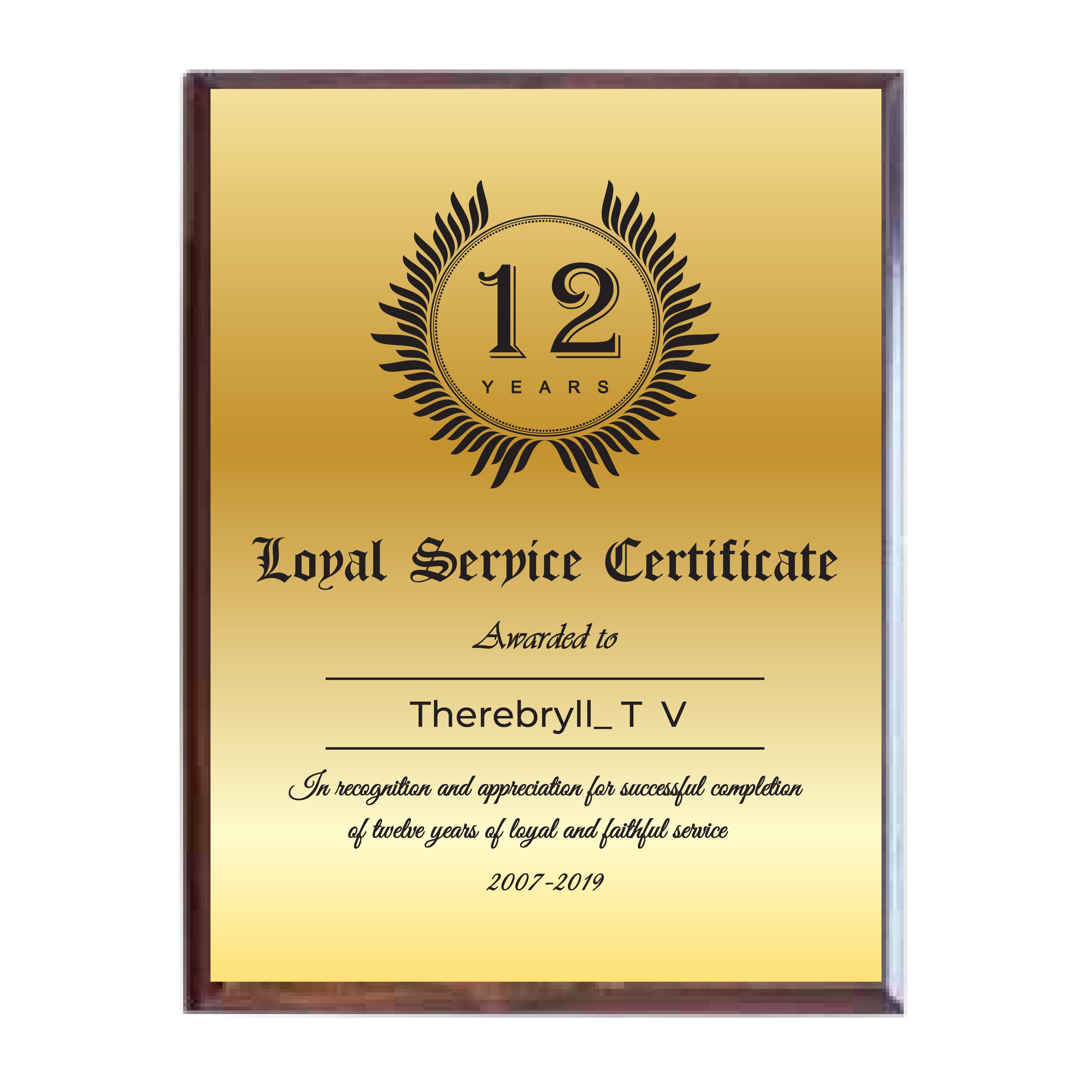 9x12 Loyal Service Certificate Plaque - Sublimated Golden Plate with Logo